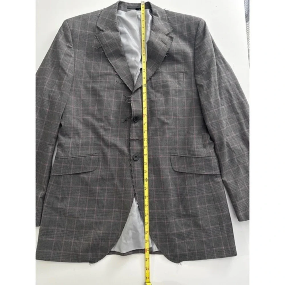 Ben Sherman Mens Grey Pink Plaid Distressed Raw Edge Blazer Sport Coat L Y2K